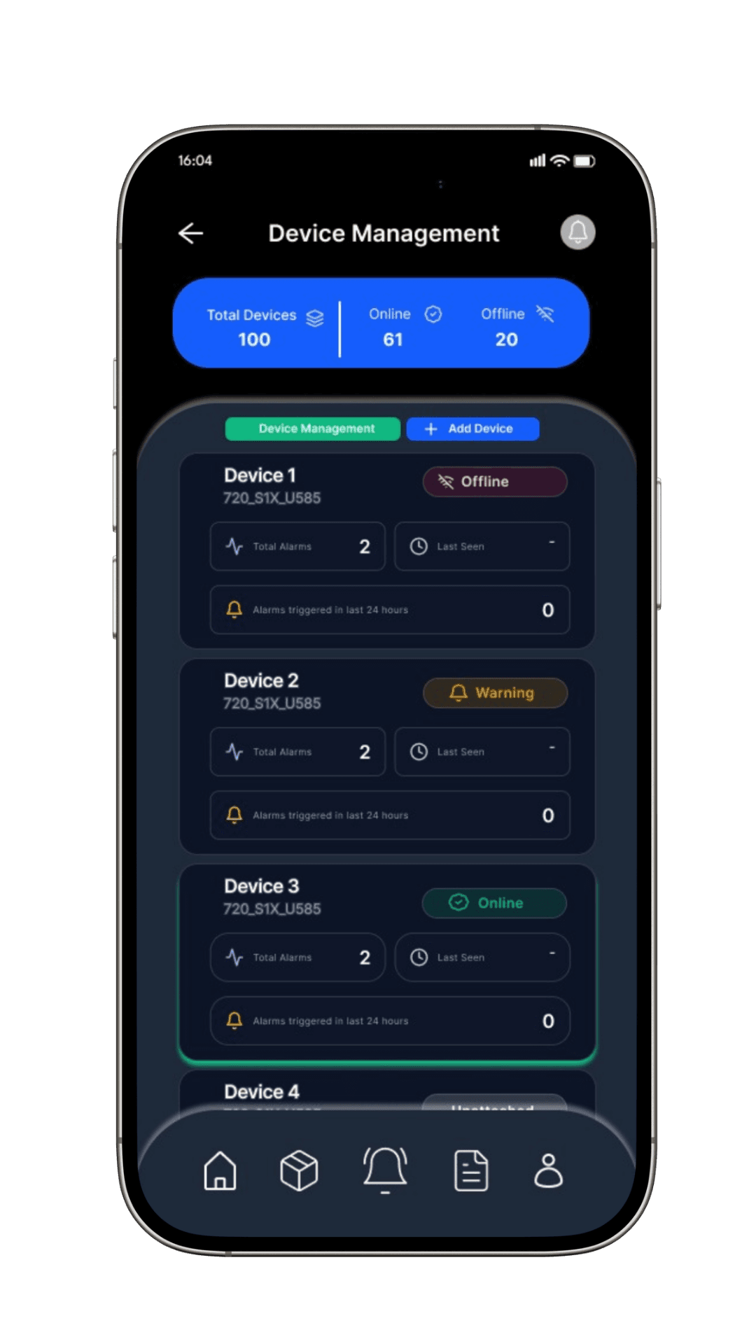 MakIOT mobile app device management — per-device status and alarm counts.