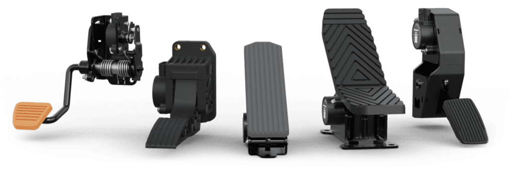 Makersan electronic pedal family: suspended and floor-mount accelerator and brake pedal bodies, one with an orange pad.