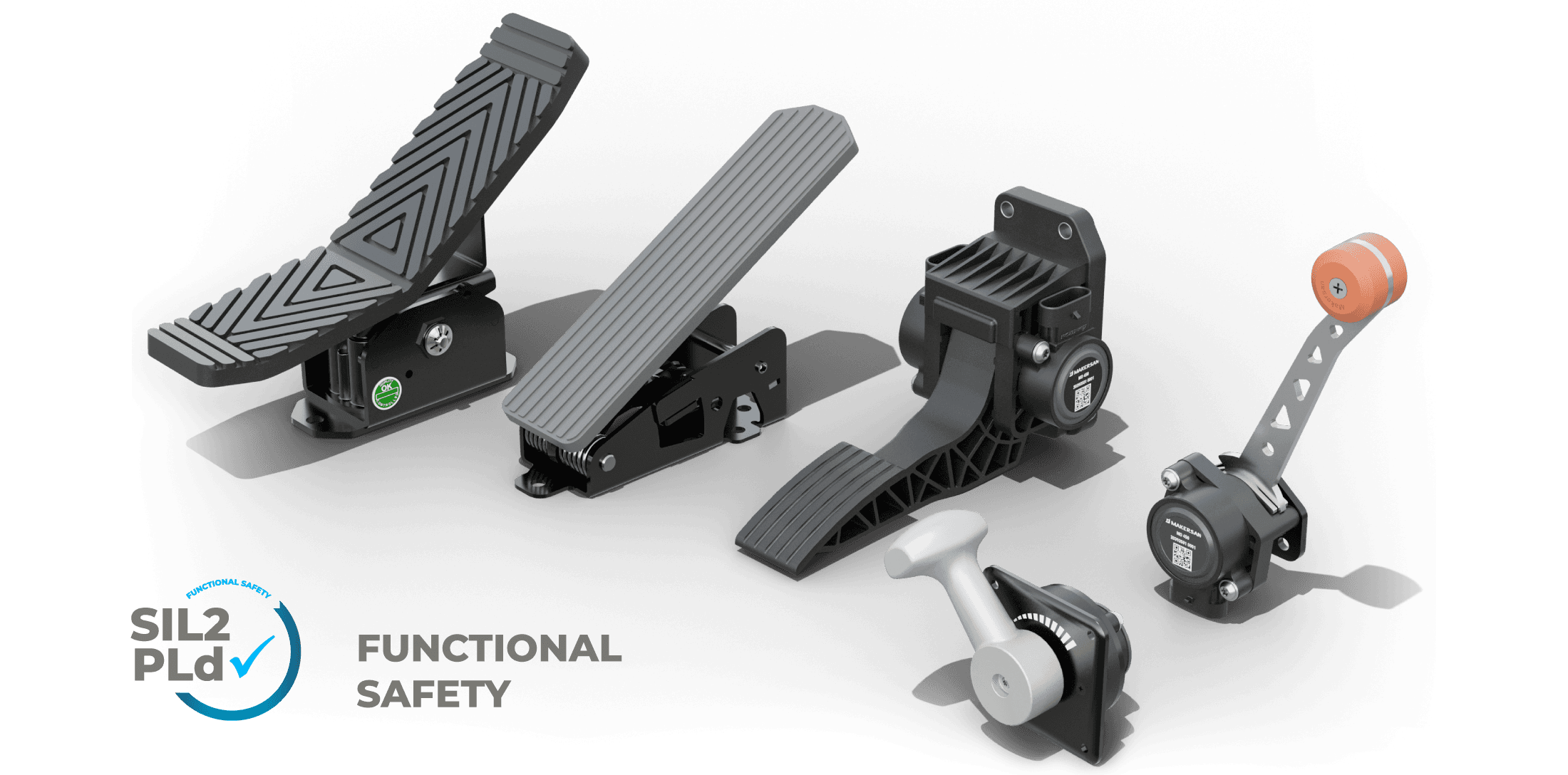 Lineup of Makersan pedals and levers: two suspended accelerator pedal bodies, a rotary hand-throttle lever, a tall triangulated control lever, a rotary thumbwheel control, and a ribbed floor-mount accelerator pedal.